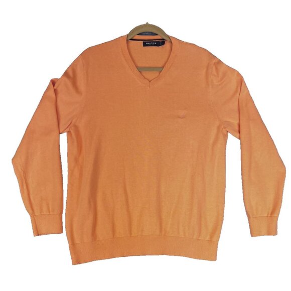 Nautica Sweater Mens Large Orange V Neck 100% Cotton Pullover Lightweight Knit - Picture 11 of 11